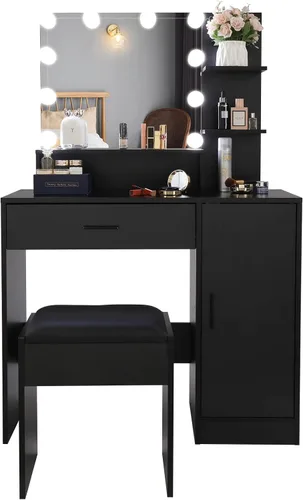 Vista 3 de Juego de tocador grande, mesa de maquillaje iluminada con taburete de tocador, tocador de maquillaje con luces, escritorio de maquillaje