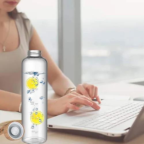 Vista 4 de Sursip Botella de agua de vidrio de 32 onzas, fundas de protección de botella de nailon, tapa de bambú y medidas marcadas de tiempo de 1 litro
