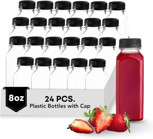 Vista 9 de Botellas de plástico Hammont con tapas - Botellas transparentes de PET para café helado y jugo, paquete de 24 - Botella reutilizable para jugos