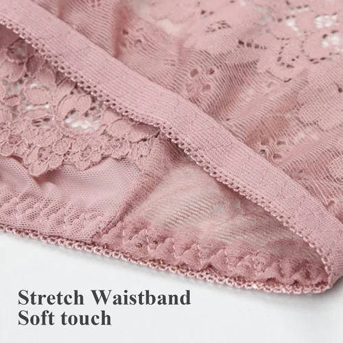 Vista 4 de MEIYATING Tangas de encaje de cintura baja para mujer ropa interior con espalda en V paquete de 5