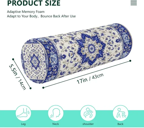 Vista 3 de Blue and White Orcelain Floral Cervical Roll Pillow, 17" Neck Support Bolster Pillow, Round Pillow for Sleeping Support and Pain Relief, with