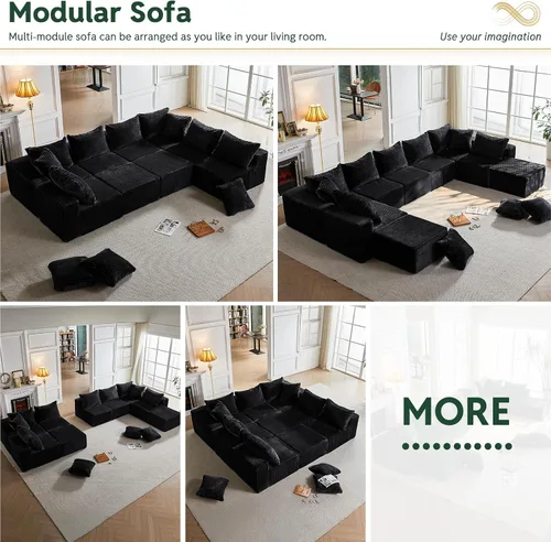 Vista 3 de MODNEST Sofá cama de 9 plazas, sofá modular sin hueso, sofá seccional de nube, sofás seccionales para sala de estar, sofás en forma de U con Negro