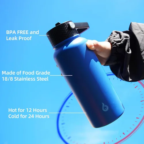 Vista 5 de BJPKPK Botellas de Agua Aisladas con Tapa de Pajita, Botella de Agua de Acero Inoxidable de 18oz, Termo Frío Caliente con 3 Tapas, Vaso de Viaje a
