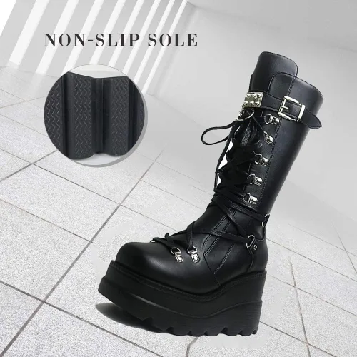 Vista 4 de CELNEPHO - Botas para mujer, estilo de combate, punk, de plataforma alta, hasta mitad de la pantorrilla, de cuña, con tacones altos y gruesos