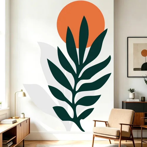 Vista 10 de Calcomanías de Pared Bohemias de Mediados de Siglo Modernas Despegar y Pegar, Pegatinas de Vinilo de Pared de Arcos Grandes Sol, Hojas Plantas