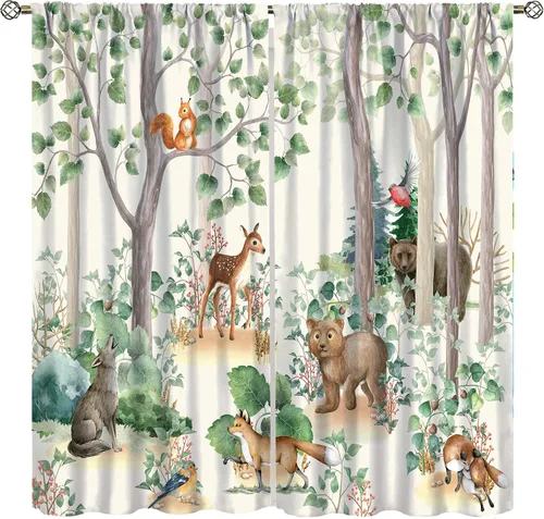 Vista 25 de YCness Cortinas para niños y niñas, diseño de animales de la selva, bosque de otoño, dibujos animados, ciervos, conejos, zorros, búhos, cortinas