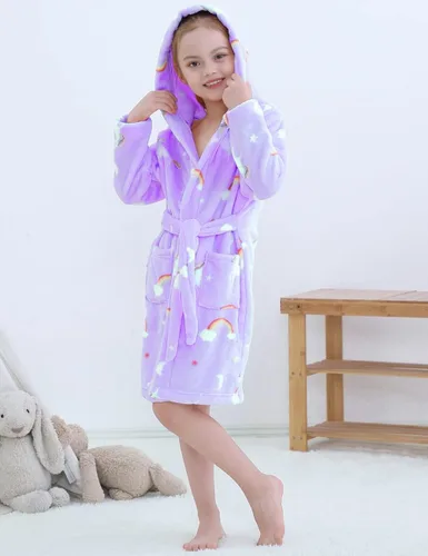 Vista 4 de SHUCHENG Girls Fleece Hooded Robes, Kids Soft Premium Fuzzy Bathrobe for Gifts, 2-12 Years