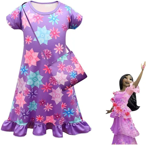 Vista 2 de Vestido Isabela Madrigal para cosplay, vestido de Isabela, falda de princesa con bolsa, trajes de Halloween para niños y niñas, Púrpura