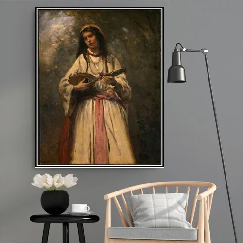 Vista 2 de Pintura numérica para adultos gitana con mandolina pintura por Camille Corot DIY pintura al óleo por números Kits