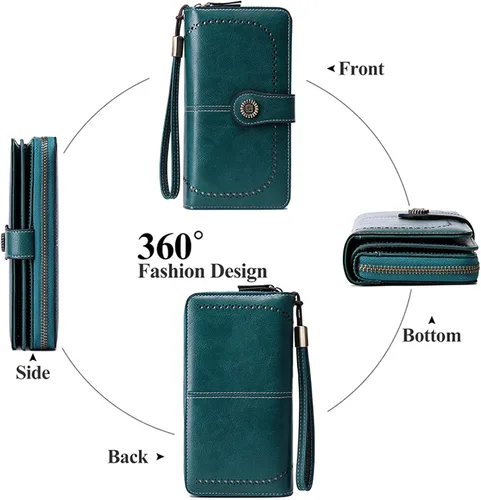 Vista 6 de KELEEL Carteras para mujer, de piel sintética, con bloqueo RFID, gran capacidad, tarjetero para mujer, cartera con pulsera, Marrón clásico, Classic