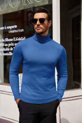 Vista 3 de COOFANDY Suéter de cuello alto ajustado para hombre, casual, básico, de manga larga, suéter de punto