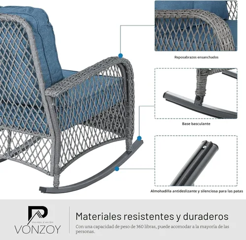 Vista 5 de Juego de muebles de patio de 3 piezas, juego de mimbre para exteriores Azul