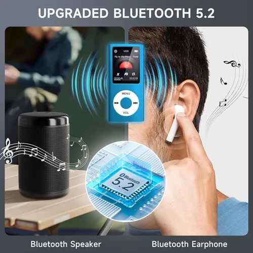 Vista 3 de Reproductor de MP3 con Bluetooth 5.2, reproductor de música portátil con tarjeta de memoria de 32 GB, auriculares estéreo, grabadora de voz, video