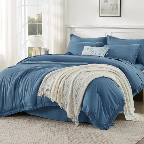 Vista 12 de Andency Juego de ropa de cama con edredón tamaño matrimonial beige con sábanas - 7 piezas, estilo bohemio con borlas, ropa de cama ligera en una 01