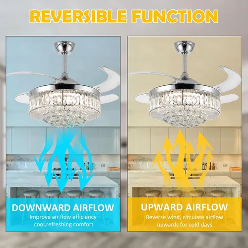 Vista 4 de Ventilador de techo invisible de 36", lámpara de araña de cristal moderna con control remoto, 4 aspas retráctiles de ABS para dormitorio, sala