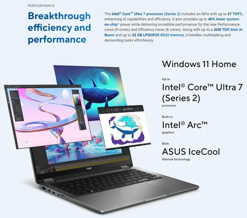Vista 3 de ASUS Vivobook Flip OLED Touch Copilot+ de 14 pulgadas, Intel EVO Core Ultra 7 256V, Wi-Fi 7, bisagra de 360°, Thunderbolt4, Win 11, con mouse
