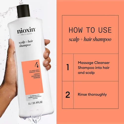 Vista 6 de Nioxin System 4 Champú Espesante para Cuero Cabelludo + Cabello para Cabello Teñido, Seco y Dañado con Adelgazamiento Progresivo Mantiene