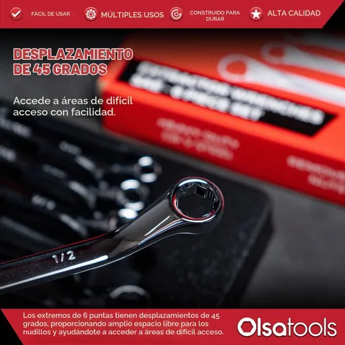 Vista 5 de Olsa Tools Juego de llaves de extremo de caja de 6 piezas, desplazamiento de 45 grados, acero al cromo vanadio, incluye bandeja organizadora