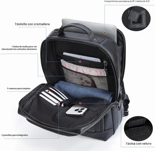 Vista 6 de Masa Kawa Mochila de cuero negro, 16" bolsa de viaje de trabajo de negocios