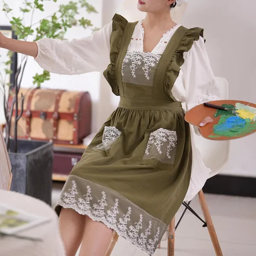 Vista 2 de Aoomzoon Delantales vintage para mujer con bolsillos, lindo delantal ajustable de encaje con volantes para cocinar, cocina, hornear, jardinería