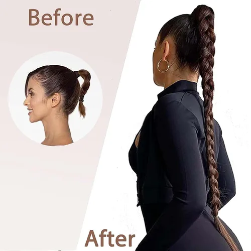 Vista 4 de Extensión de cola de caballo de trenza larga con lazo elástico, 1 unidad, extensiones de cabello sintético lacio y elegante envolvente para mujer