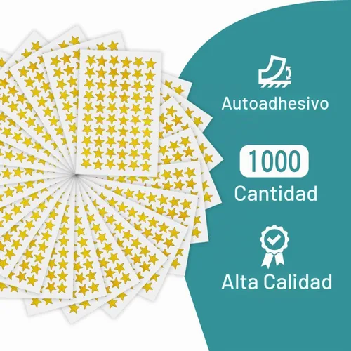 Vista 2 de Calcomanías de estrella de 1000 unidades. Calcomanías pequeñas doradas. Calcomanías de estrella de papel de aluminio de ½ pulgada de diámetro