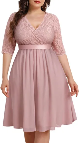 Vista 16 de Plus Size Wedding Guest Cocktail Midi Dress Lace Chiffon V Neck Wrap Negro