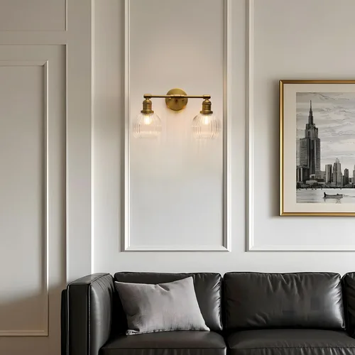 Vista 5 de Aplique industrial de pared de vidrio de doble brazo con pantalla de globo a rayas transparentes, lámpara de tocador de pared de 2 luces