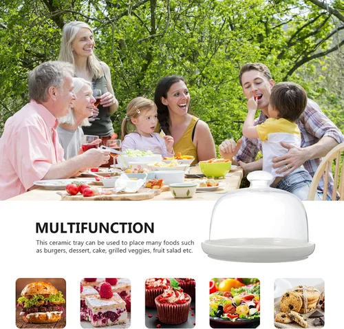 Vista 4 de Angoily Cloche - Plato de cerámica con cúpula de cristal para tartas con tapa de cúpula, soporte de exhibición de queso con cubierta de vidrio
