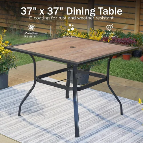 Vista 4 de PHI VILLA Juego de comedor al aire libre de 5 piezas para 4, sillas apilables con cojines y mesa cuadrada de madera de 37 pulgadas con agujero