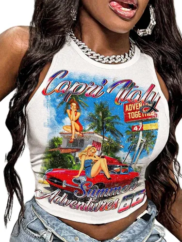 Vista 18 de SOLY HUX Camiseta sin mangas Y2k Vintage Graphic para mujer Gráfico beige.