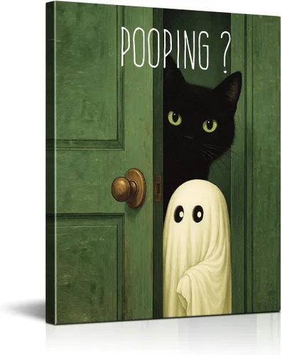 Vista 8 de Divertido arte de pared de baño con fantasma, gato y fantasma, bonita decoración de pared de baño de Halloween, divertida obra de arte de gato