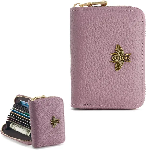 Vista 9 de WOZEAH Billetera pequeña para mujeres con bloqueo RFID, cartera para tarjetas de crédito, cartera de acordeón de cuero con cremallera, Negro