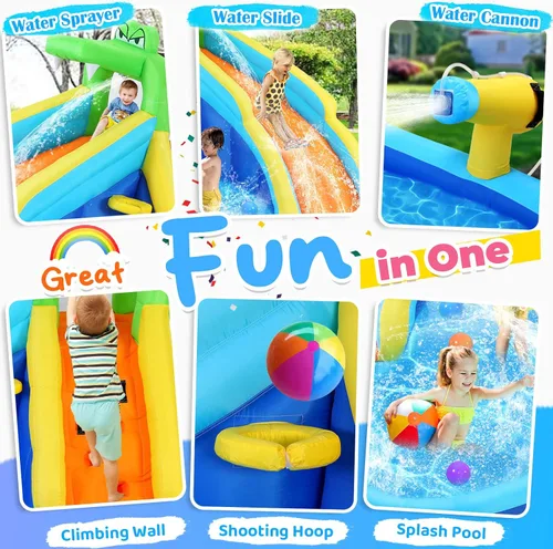 Vista 2 de Whubefy Toboganes acuáticos inflables para niños con soplador de 450 W, parque acuático inflable 6 en 1, tobogán acuático de 158 x 138 x 89 pulgadas
