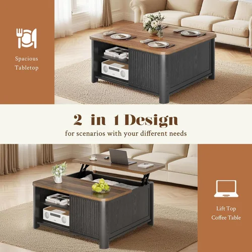 Vista 8 de Decofy Mesa auxiliar elevable con almacenamiento de mediados de siglo, modernas mesas de centro cuadradas para sala de estar, gran compartimento