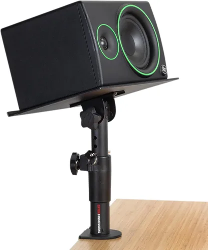 Vista 9 de Gator Frameworks Soporte de escritorio con abrazadera para monitor de estudio y altavoz con superficie acolchada de espuma EVA, ángulo ajustable