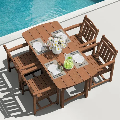 Vista 32 de Mesa de comedor rectangular para exteriores, mesa de polietileno de alta densidad resistente para 6, mesa de patio resistente a la intemperie