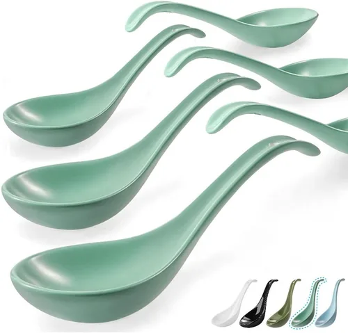 Vista 9 de Artena Juego de 6 cucharas de sopa asiática de 6.75 pulgadas, cuchara de sopa japonesa de porcelana ultrafina, cucharas de ramen negras para fideos