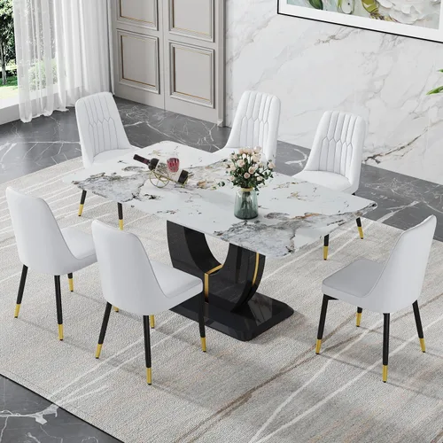 Vista 13 de JUFU Juego de mesa de comedor moderno para 4, juego de mesa de cocina rectangular de 63 pulgadas con mesa de mármol sintético y 4 sillas tapizadas
