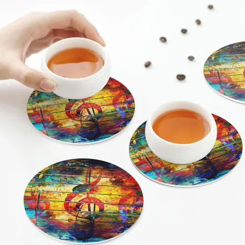 Vista 6 de 4 posavasos musicales coloridos para bebidas, posavasos redondos de cuero con notas musicales para protección de mesa, decoración de bar y hogar