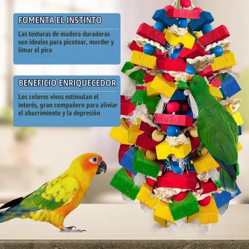 Vista 6 de Juguetes de loros para pájaros grandes, bloques de madera multicolor para masticar, jaula de loro, juguete para mordeduras para guacamayos