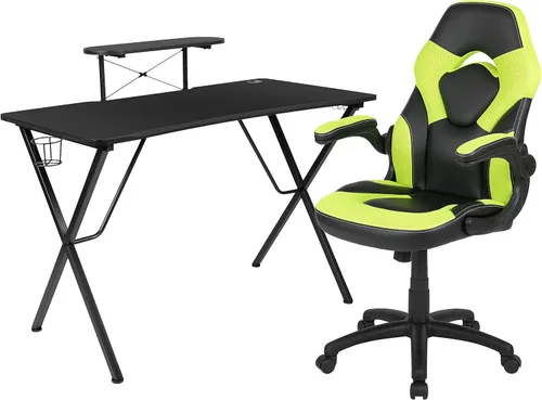 Vista 13 de Flash Furniture Juego de escritorio para juegos negro y silla de carreras blanco/negro con soporte para tazas, gancho para auriculares y soporte
