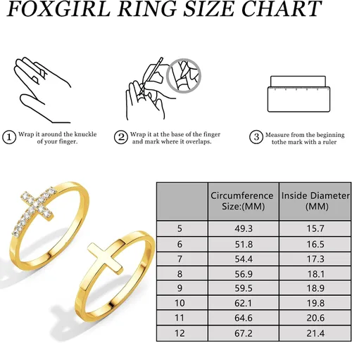 Vista 7 de Foxgirl Anillos de cruz de oro para mujeres y niñas, juego de anillos apilables chapados en oro de 14 quilates, anillos de dedo de cruz fina