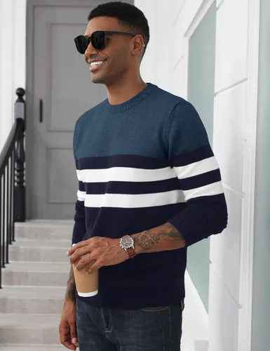 Vista 3 de MAGCOMSEN Suéter de cuello redondo para hombre, con bloques de color, a rayas, suéter de punto térmico suave, suéter de manga larga, suéter casual