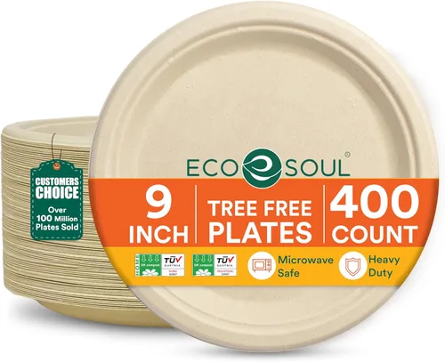 Vista 11 de ECO SOUL - Platos de papel compostables de 9 pulgadas (paquete de 200) biodegradables, resistentes, desechables, ecológicos para cena de Navidad