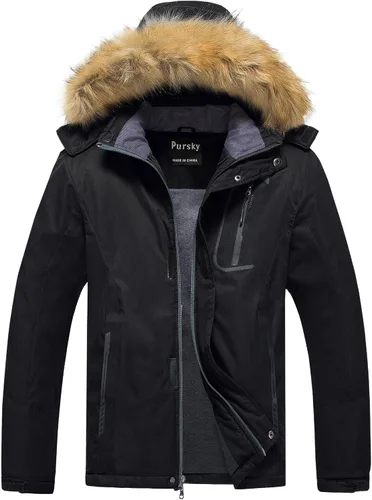 Vista 9 de Pursky Chaqueta de esquí impermeable para hombre, abrigos de nieve de invierno, abrigos con capucha de piel, parka