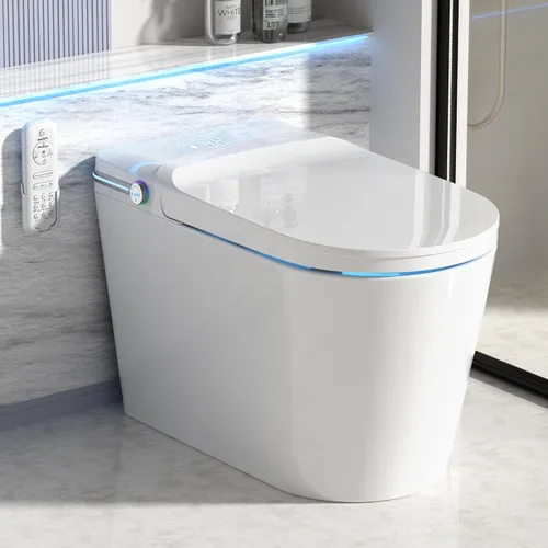 Vista 13 de Inodoro inteligente con bidé integrado con rociador de agua caliente y secadora, funcionamiento del sensor de pie, asiento calefactado con pantalla