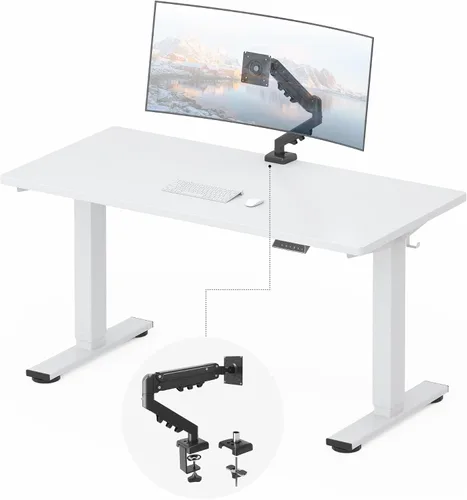 Vista 23 de FLEXISPOT EN2 Escritorio de pie de una pieza entera de 48 x 30 pulgadas con regleta eléctrica, arce Parte superior de arce + marco blanco