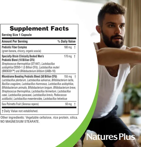 Vista 4 de NaturesPlus GI Natural Probiotic Men - 30 cápsulas - Salud digestiva y de próstata, fuerza inmunológica, incluye Saw Palmetto, sin gluten, 30