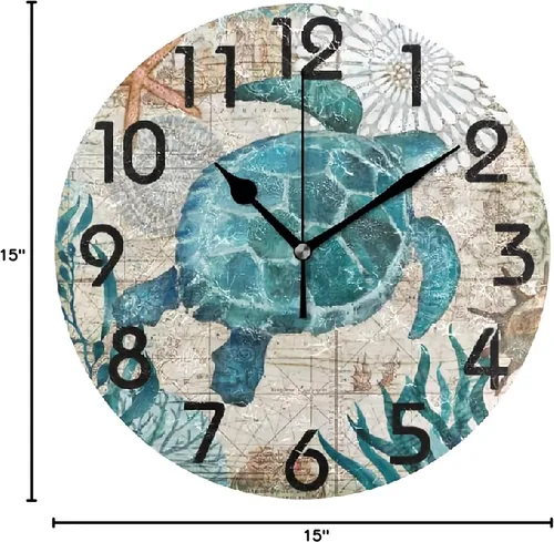 Vista 2 de ArogGeld Reloj de pared de tortuga marina, náutico, 15 pulgadas, funciona con pilas, silencioso, reloj de pared redondo de madera, relojes colgantes